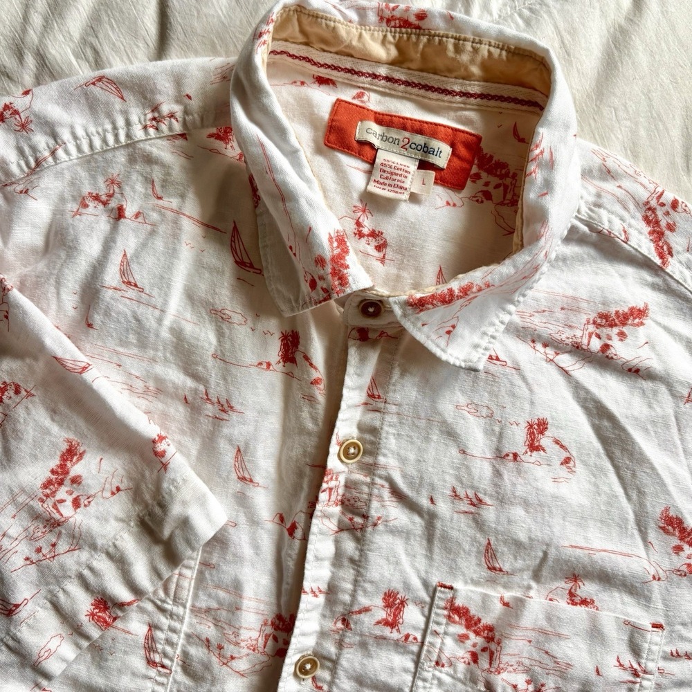 Carbon2Cobalt Bateaux Shirt Men's L Linen Blend Toile Sailing Beach Coastal EUC